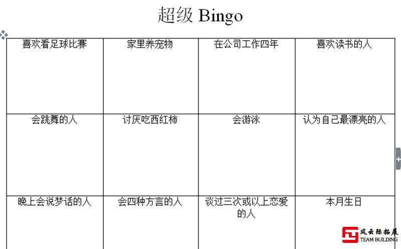 拓展训练项目 Bingo卡